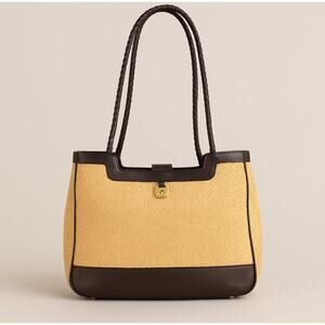 Etienne Aigner Straw Tote Bag Brown Leather Trim Shoulder Purse Preppy Coastal